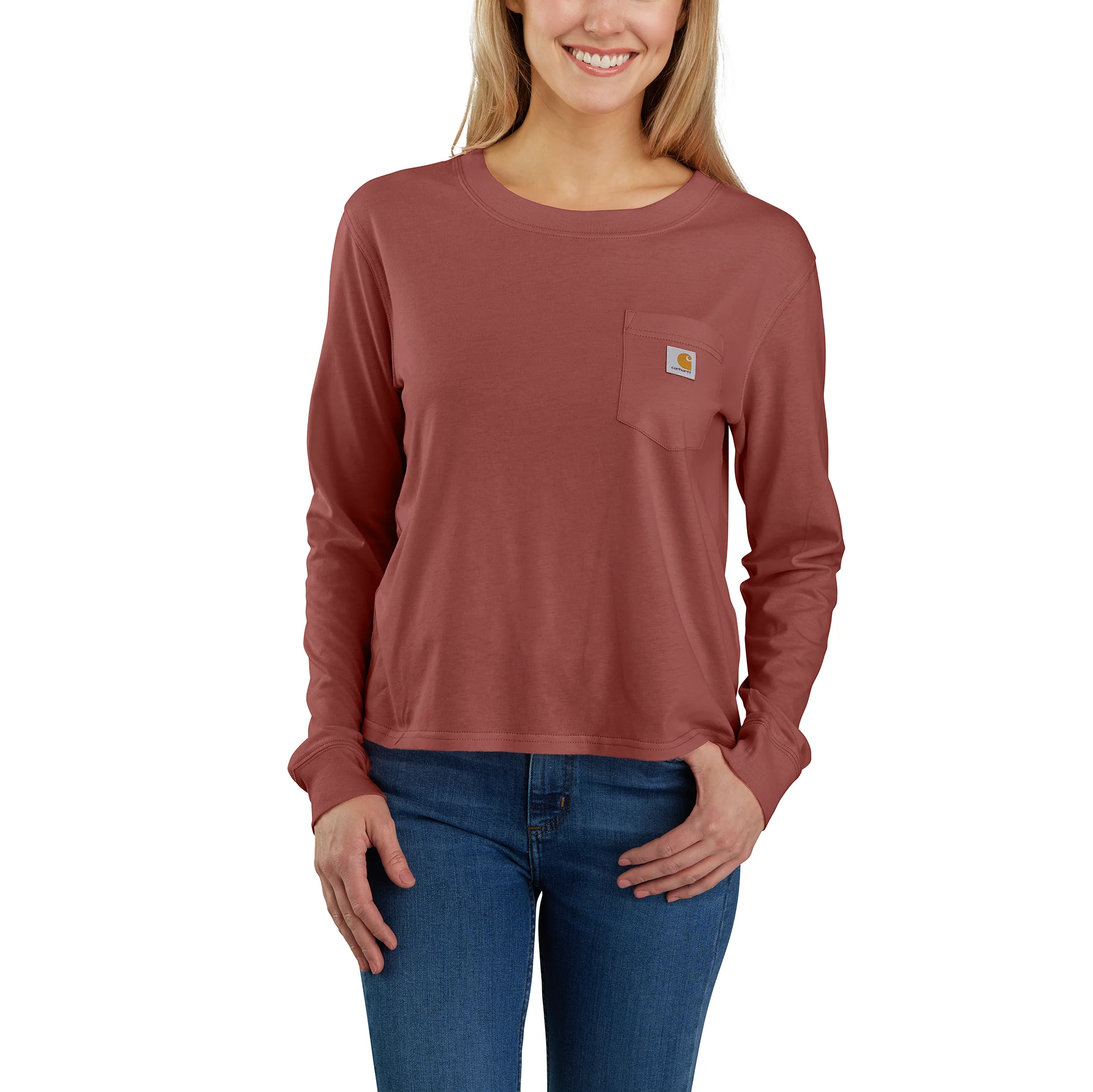 Women's Loose Fit Lightweight Long-Sleeve Crewneck Pocket T-Shirt - Image 2